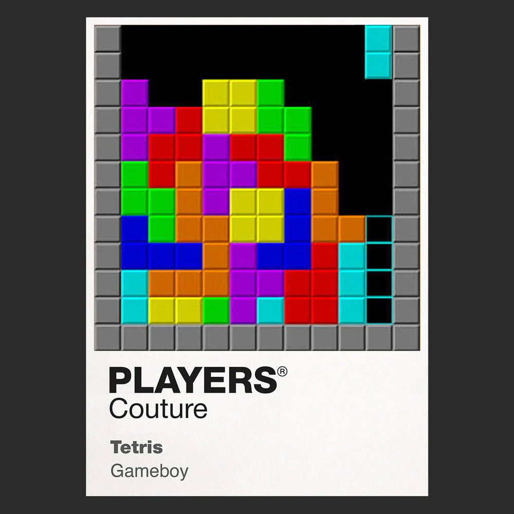 Tetris Colour Frame Men's Hoodie – black close-up detail shot of the Tetris Colour Players Couture logo design