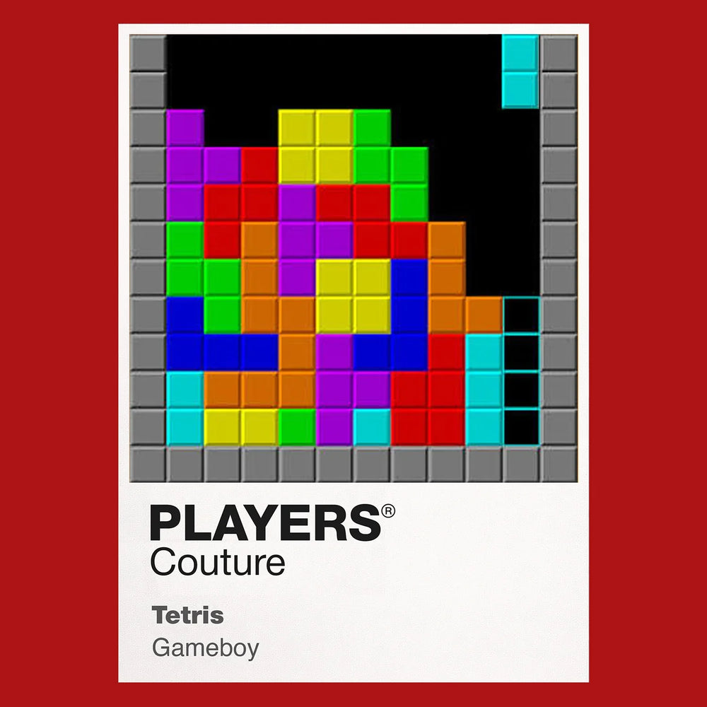 Tetris Colour Frame Men's Hoodie – red close-up detail shot of the Tetris Colour Players Couture logo design