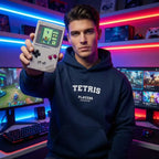 Tetris hoodie – navy men's hoodie with white Tetris letters and Players Couture logo on the chest