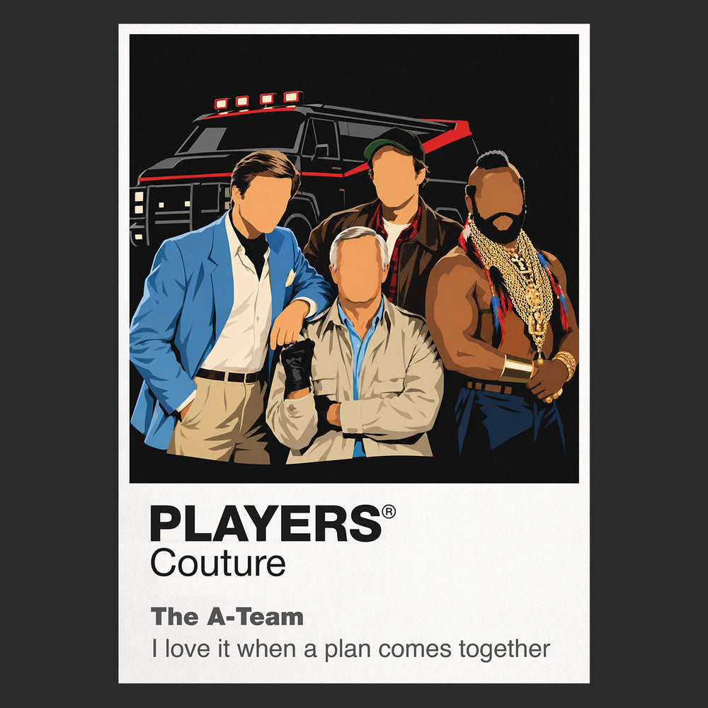 The A-Team Hannibal, Face, B.A. Baracus, Murdock and their black-and-red GMC van Icon Frame artwork in black