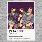The Big Lebowski The Dude in cardigan and sunglasses carrying a bowling ball through Los Angeles confusion Icon Frame artwork in grey