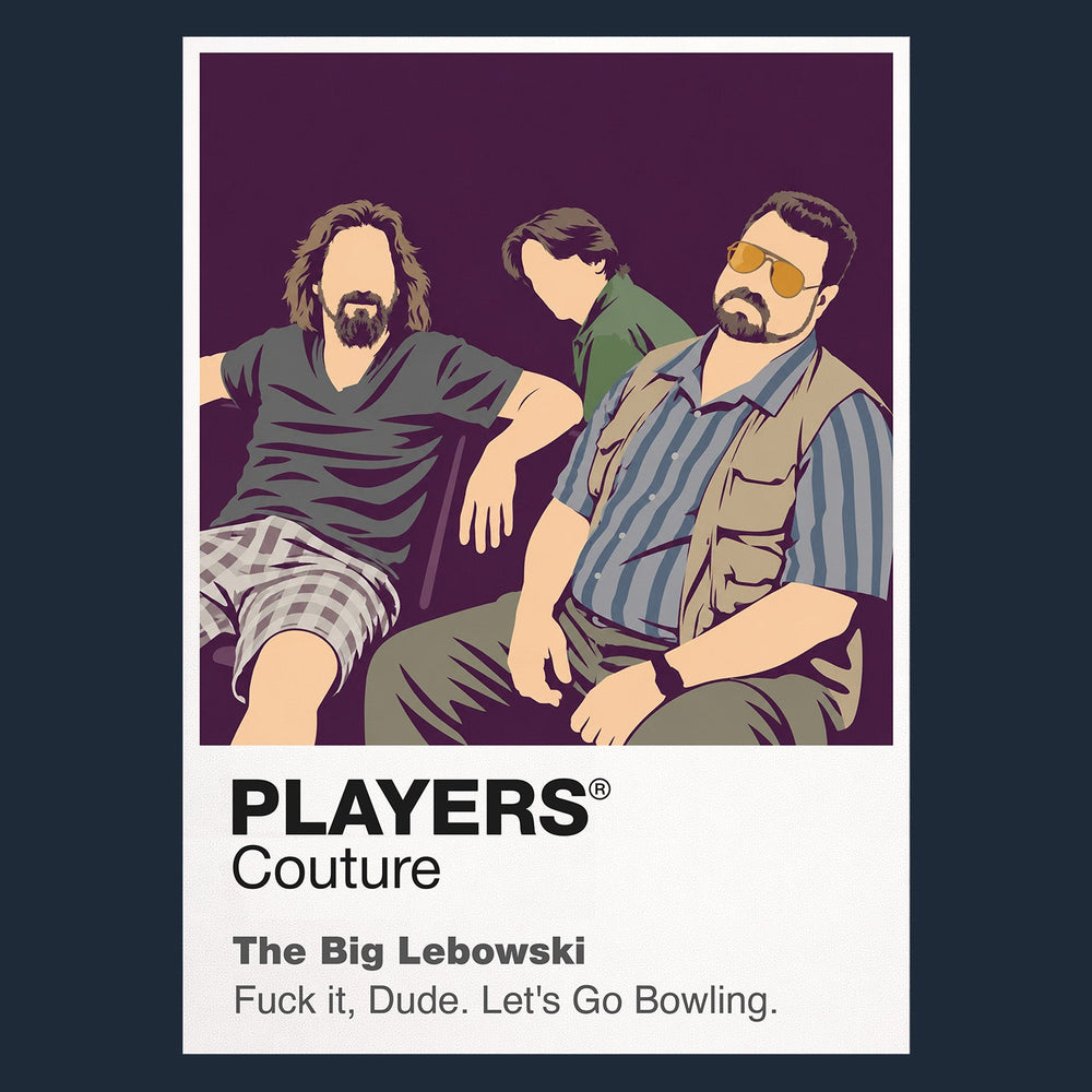 The Big Lebowski The Dude in cardigan and sunglasses carrying a bowling ball through Los Angeles confusion Icon Frame artwork in navy