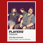 The Big Lebowski The Dude in cardigan and sunglasses carrying a bowling ball through Los Angeles confusion Icon Frame artwork in red