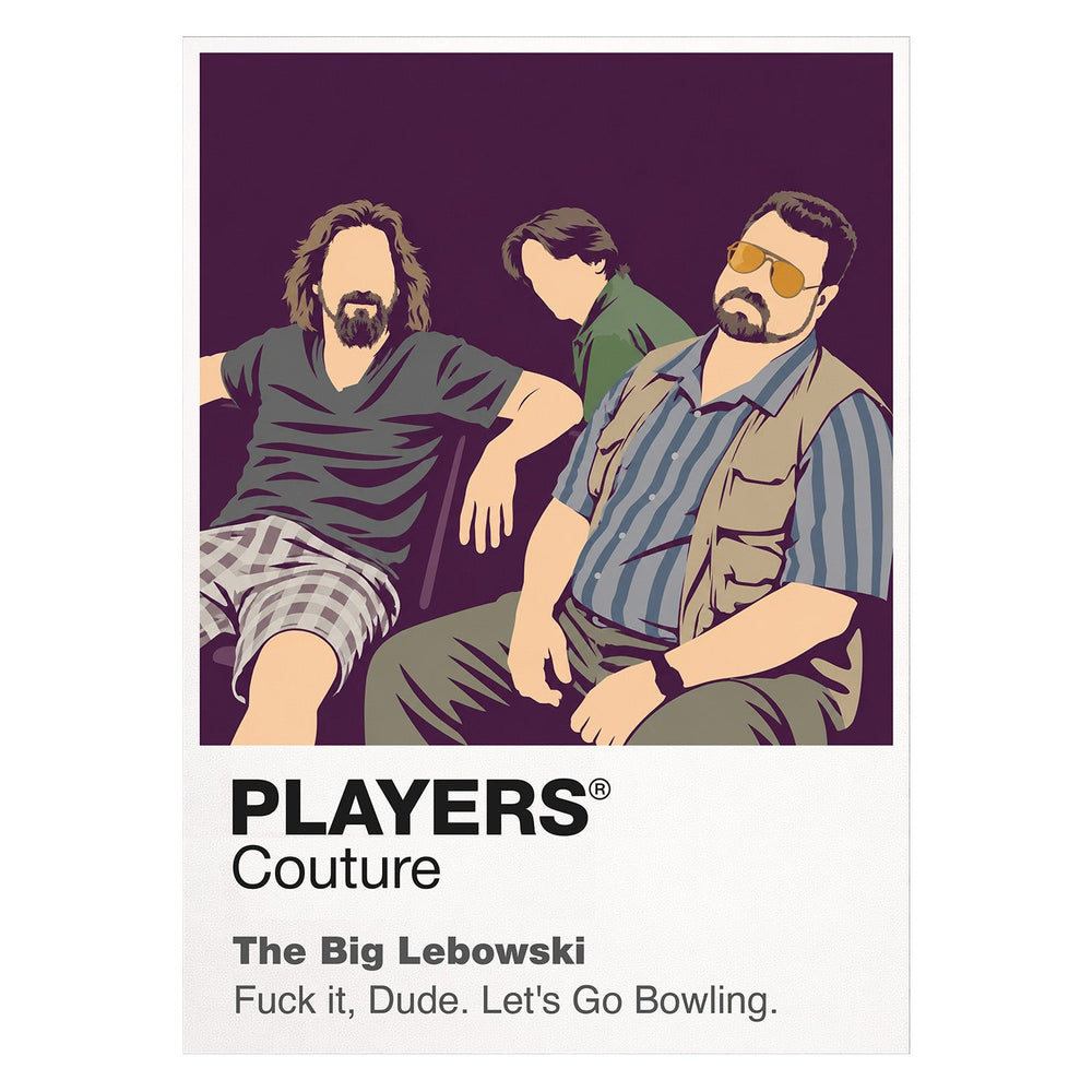 The Big Lebowski The Dude in cardigan and sunglasses carrying a bowling ball through Los Angeles confusion Icon Frame artwork on white