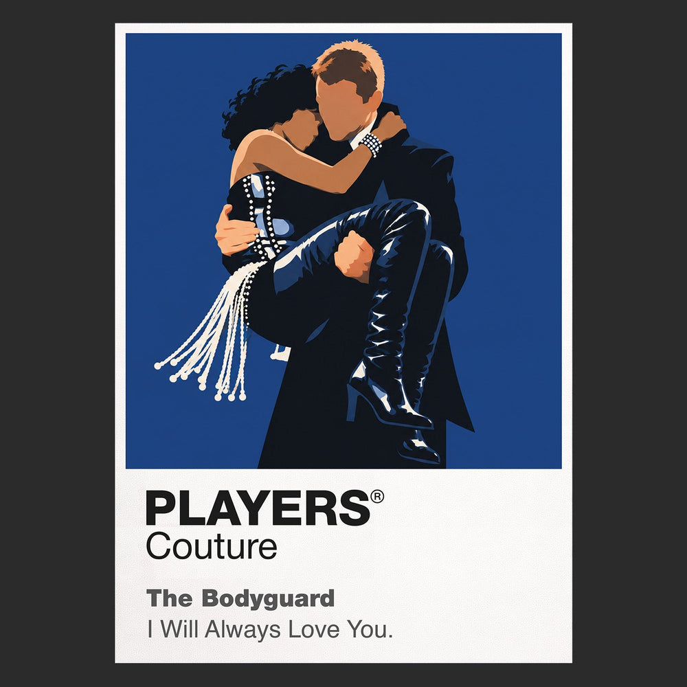 The Bodyguard Rachel Marron and Frank Farmer framed by stage light, formal tailoring and protective distance Icon Frame artwork in black