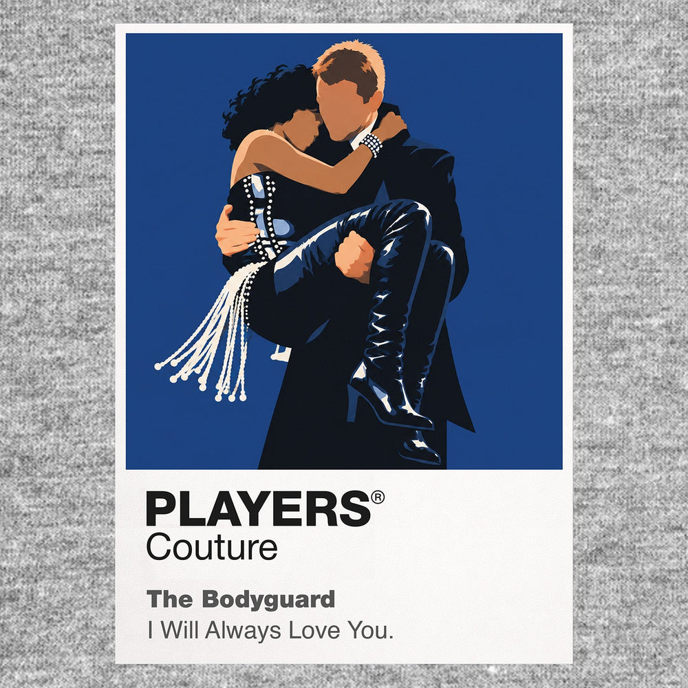 The Bodyguard Rachel Marron and Frank Farmer framed by stage light, formal tailoring and protective distance Icon Frame artwork in grey