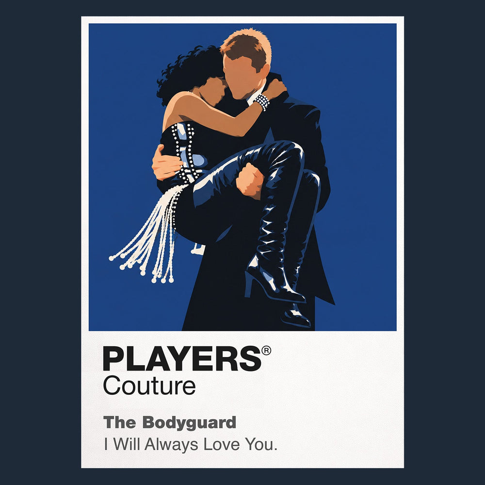 The Bodyguard Rachel Marron and Frank Farmer framed by stage light, formal tailoring and protective distance Icon Frame artwork in navy