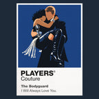 The Bodyguard Rachel Marron and Frank Farmer framed by stage light, formal tailoring and protective distance Icon Frame artwork in navy