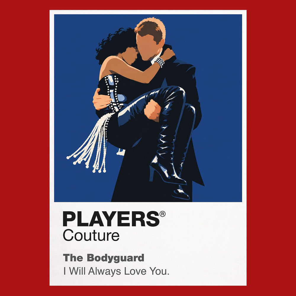 The Bodyguard Rachel Marron and Frank Farmer framed by stage light, formal tailoring and protective distance Icon Frame artwork in red