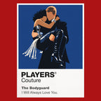 The Bodyguard Rachel Marron and Frank Farmer framed by stage light, formal tailoring and protective distance Icon Frame artwork in red