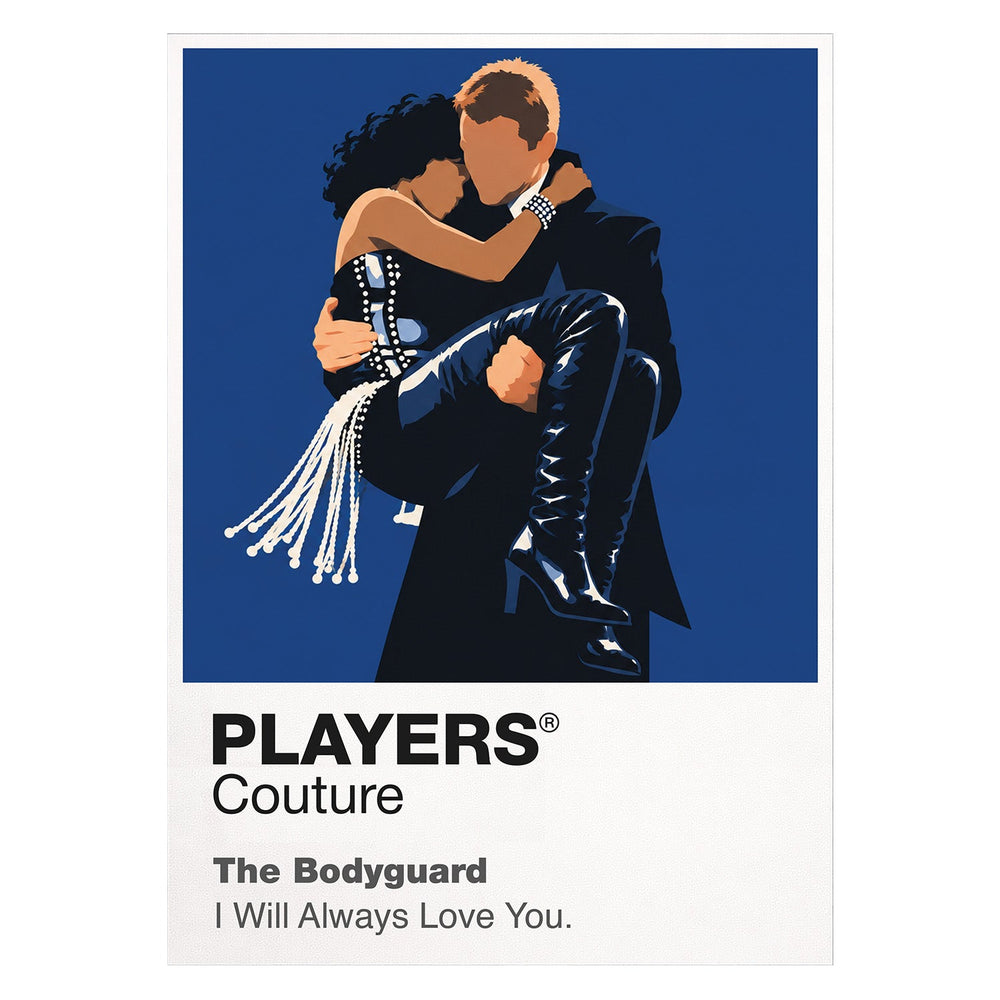 The Bodyguard Rachel Marron and Frank Farmer framed by stage light, formal tailoring and protective distance Icon Frame artwork on white