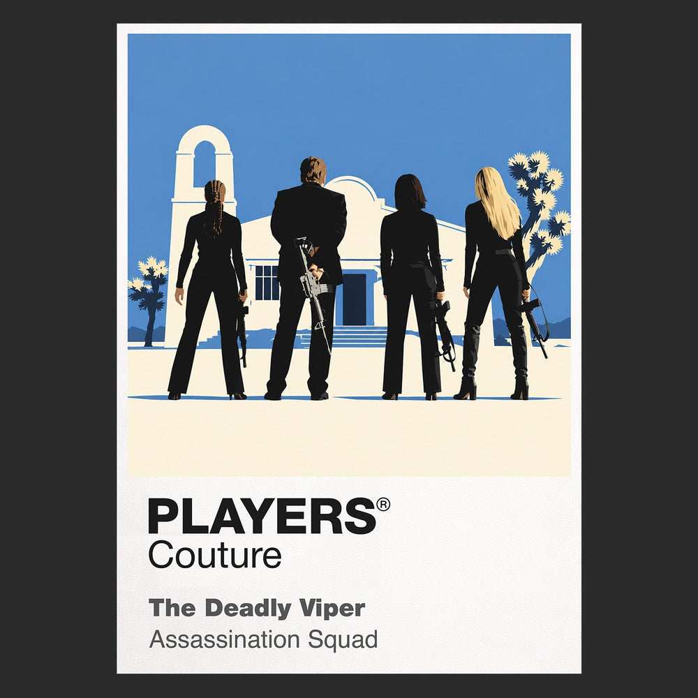 The Deadly Viper Assassination Squad the Bride facing the Deadly Viper Assassination Squad in colour-coded suits and sword-ready silhouettes Icon Frame artwork in black