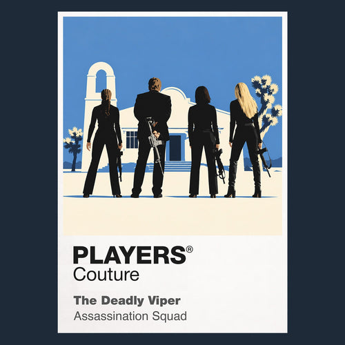 The Deadly Viper Assassination Squad the Bride facing the Deadly Viper Assassination Squad in colour-coded suits and sword-ready silhouettes Icon Frame artwork in navy