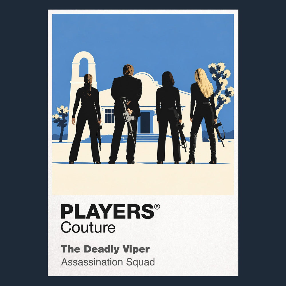 The Deadly Viper Assassination Squad the Bride facing the Deadly Viper Assassination Squad in colour-coded suits and sword-ready silhouettes Icon Frame artwork in navy