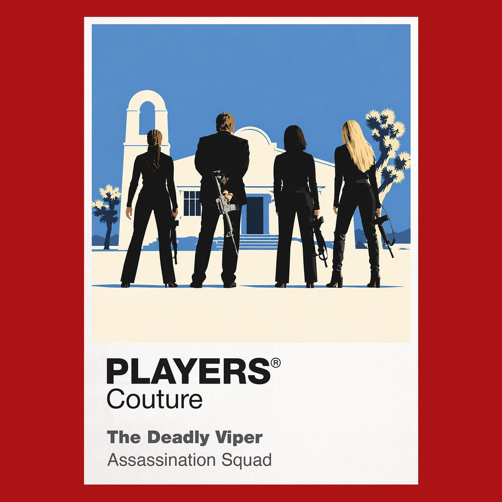 The Deadly Viper Assassination Squad the Bride facing the Deadly Viper Assassination Squad in colour-coded suits and sword-ready silhouettes Icon Frame artwork in red