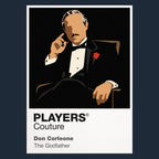 The Godfather Vito and Michael Corleone in formal black suits against the restrained shadows of the family office Icon Frame artwork in navy