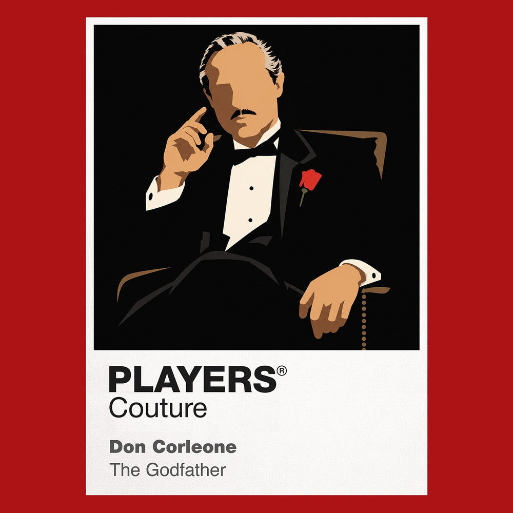 The Godfather Vito and Michael Corleone in formal black suits against the restrained shadows of the family office Icon Frame artwork in red