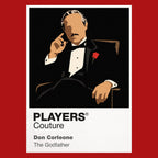 The Godfather Vito and Michael Corleone in formal black suits against the restrained shadows of the family office Icon Frame artwork in red