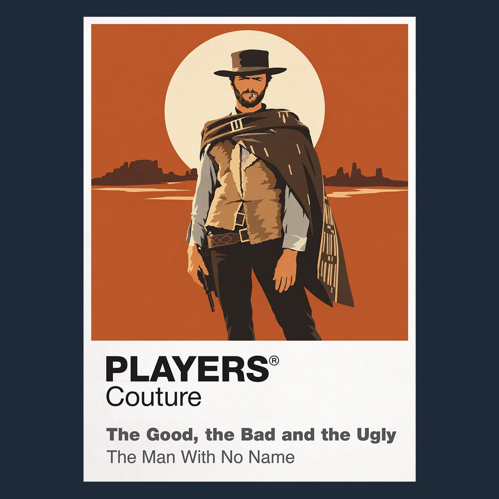 The Good, the Bad and the Ugly Blondie, Angel Eyes and Tuco facing the circular cemetery showdown beneath a wide western sky Icon Frame artwork in navy