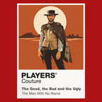 The Good, the Bad and the Ugly Blondie, Angel Eyes and Tuco facing the circular cemetery showdown beneath a wide western sky Icon Frame artwork in red