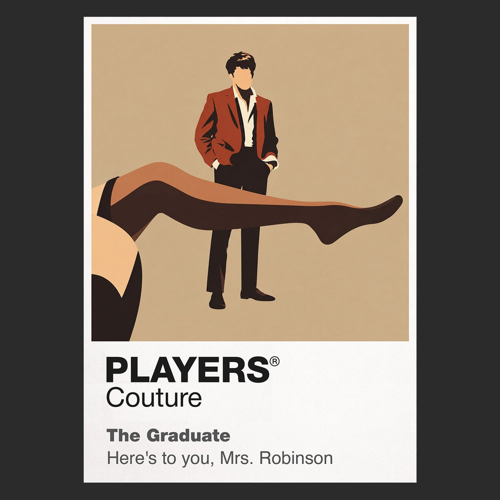 The Graduate Benjamin Braddock framed by suburban glass, black suit and the visual tension of Mrs Robinson's presence Icon Frame artwork in black