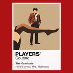The Graduate Benjamin Braddock framed by suburban glass, black suit and the visual tension of Mrs Robinson's presence Icon Frame artwork in red