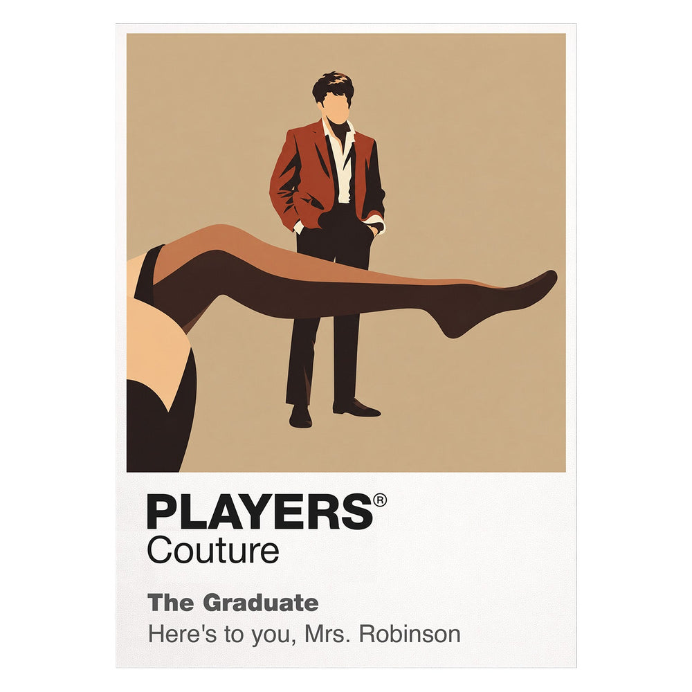 The Graduate Benjamin Braddock framed by suburban glass, black suit and the visual tension of Mrs Robinson's presence Icon Frame artwork on white