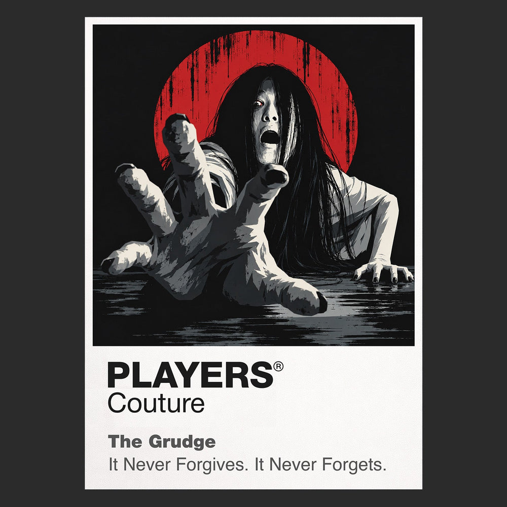 The Grudge Kayako's dark hair and contorted stairway silhouette inside the cursed Tokyo house Icon Frame artwork in black