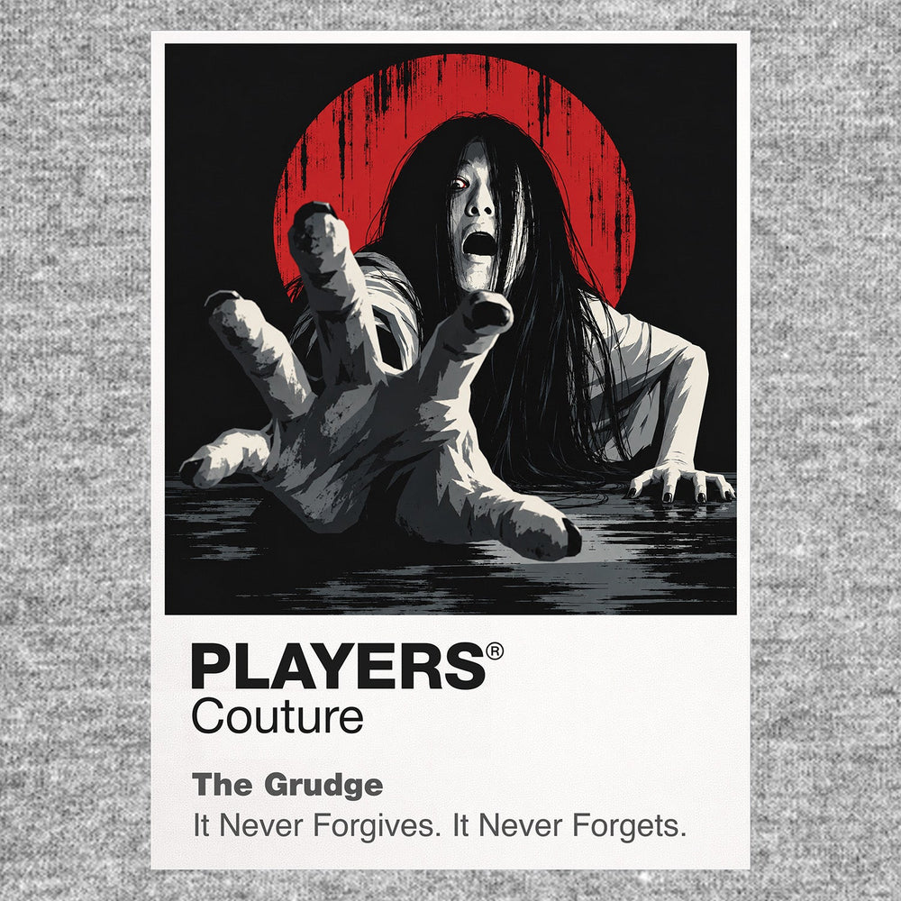 The Grudge Kayako's dark hair and contorted stairway silhouette inside the cursed Tokyo house Icon Frame artwork in grey