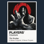 The Grudge Kayako's dark hair and contorted stairway silhouette inside the cursed Tokyo house Icon Frame artwork in navy