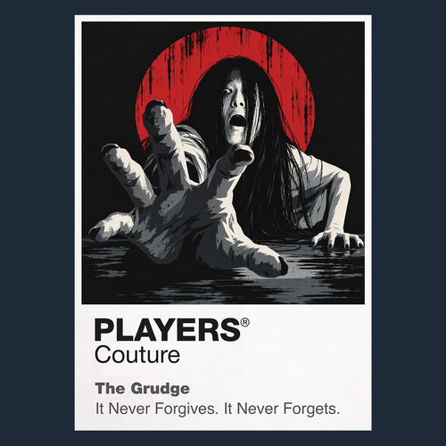 The Grudge Kayako's dark hair and contorted stairway silhouette inside the cursed Tokyo house Icon Frame artwork in navy