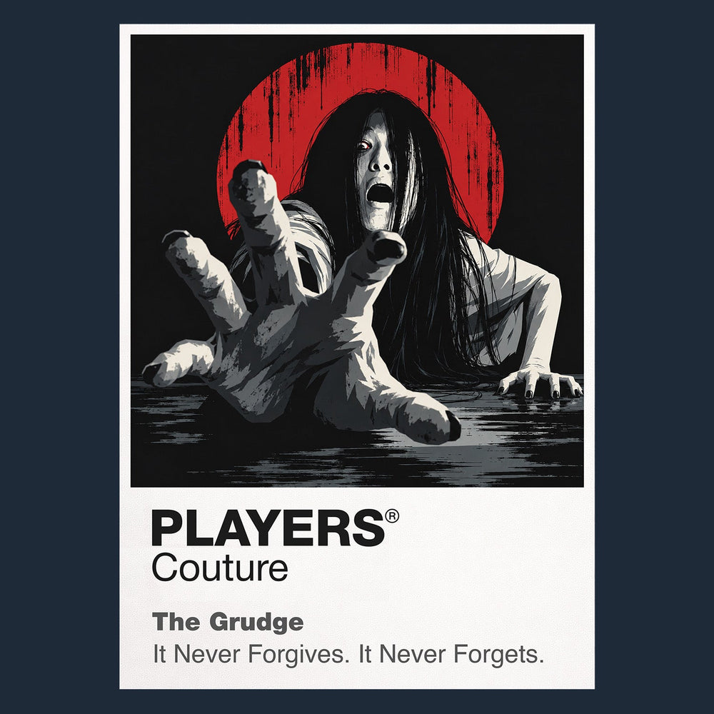 The Grudge Kayako's dark hair and contorted stairway silhouette inside the cursed Tokyo house Icon Frame artwork in navy