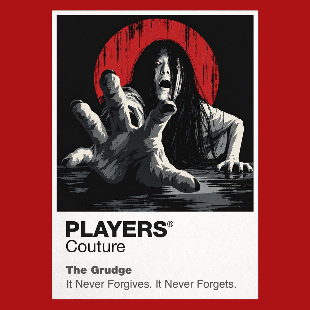 The Grudge Kayako's dark hair and contorted stairway silhouette inside the cursed Tokyo house Icon Frame artwork in red