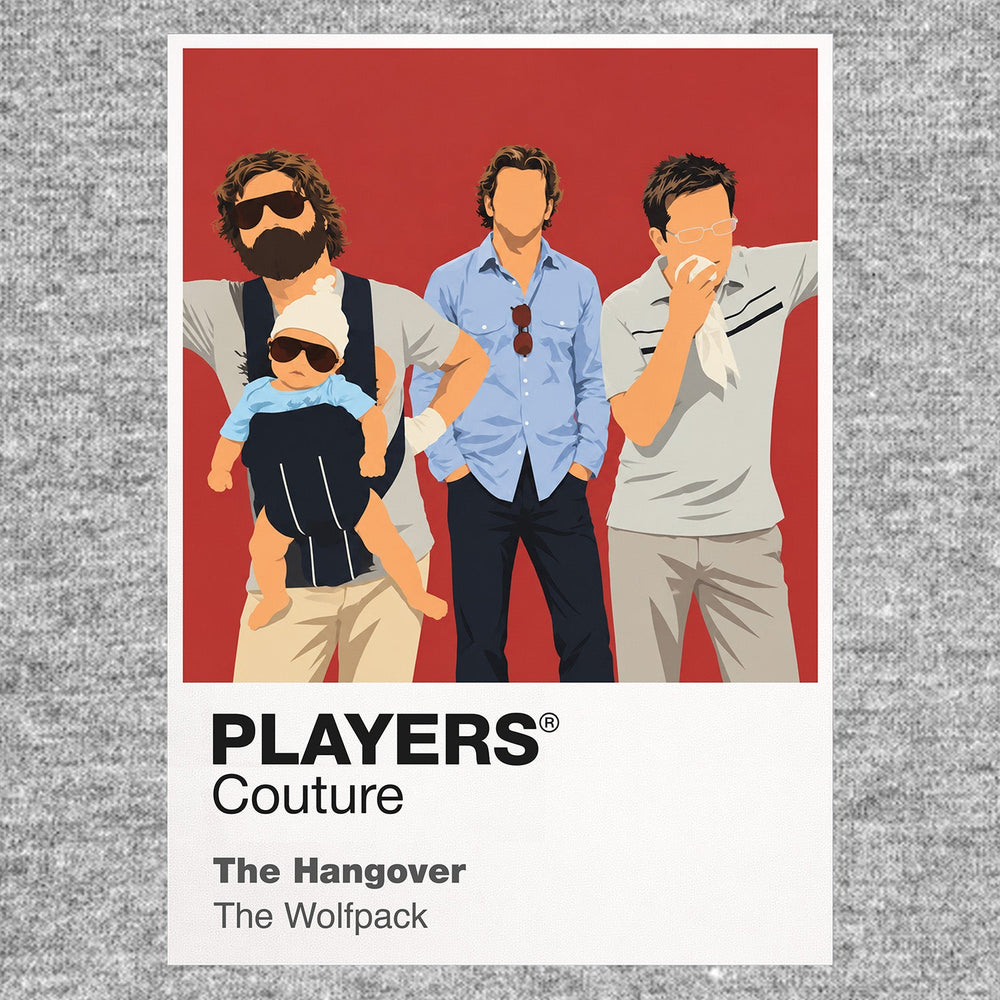 The Hangover Wolfpack Phil, Stu, Alan and Doug in their mismatched suits after a Las Vegas night that erased itself Icon Frame artwork in grey