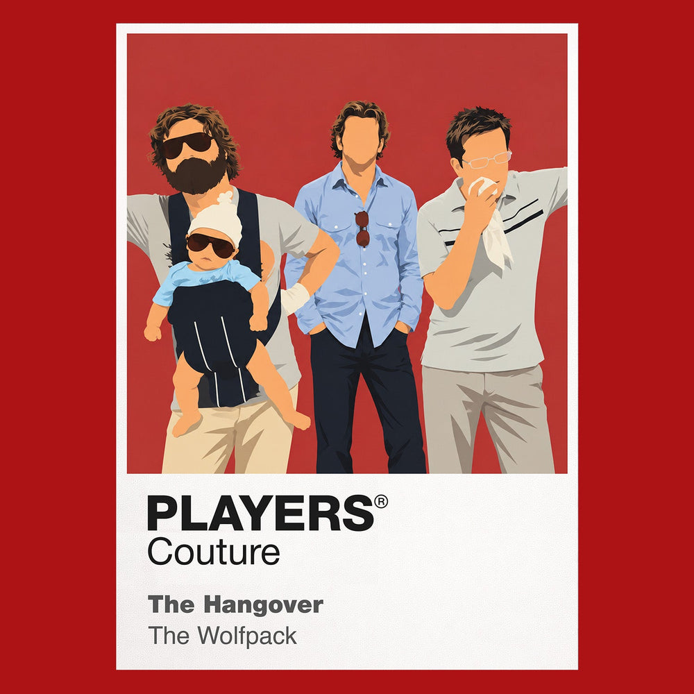 The Hangover Wolfpack Phil, Stu, Alan and Doug in their mismatched suits after a Las Vegas night that erased itself Icon Frame artwork in red