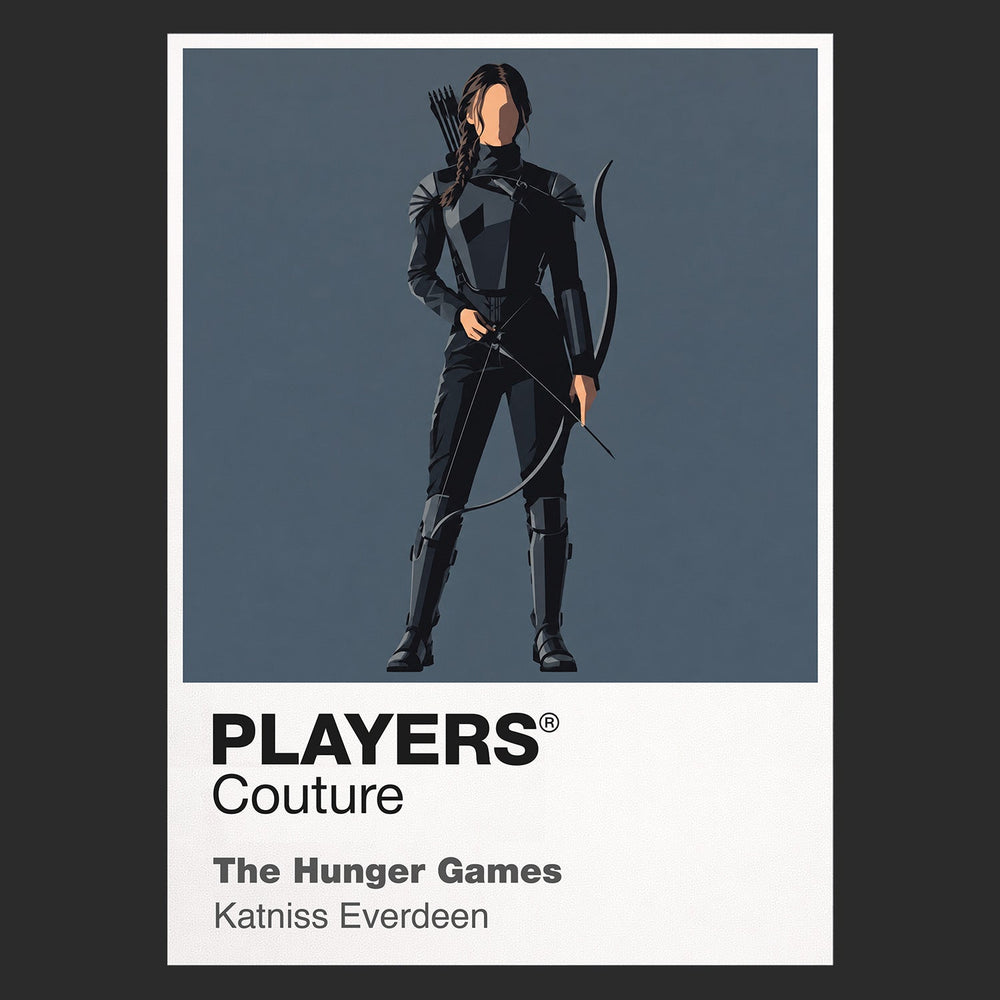 The Hunger Games Katniss Everdeen with bow and Mockingjay symbolism between District 12 and the Capitol arena Icon Frame artwork in black