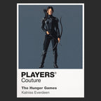 The Hunger Games Katniss Everdeen with bow and Mockingjay symbolism between District 12 and the Capitol arena Icon Frame artwork in black
