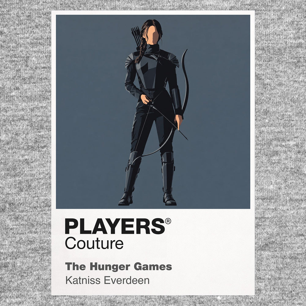 The Hunger Games Katniss Everdeen with bow and Mockingjay symbolism between District 12 and the Capitol arena Icon Frame artwork in grey