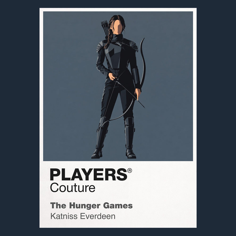 The Hunger Games Katniss Everdeen with bow and Mockingjay symbolism between District 12 and the Capitol arena Icon Frame artwork in navy
