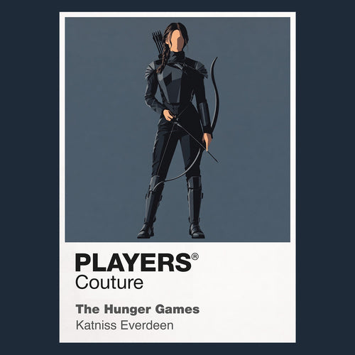 The Hunger Games Katniss Everdeen with bow and Mockingjay symbolism between District 12 and the Capitol arena Icon Frame artwork in navy