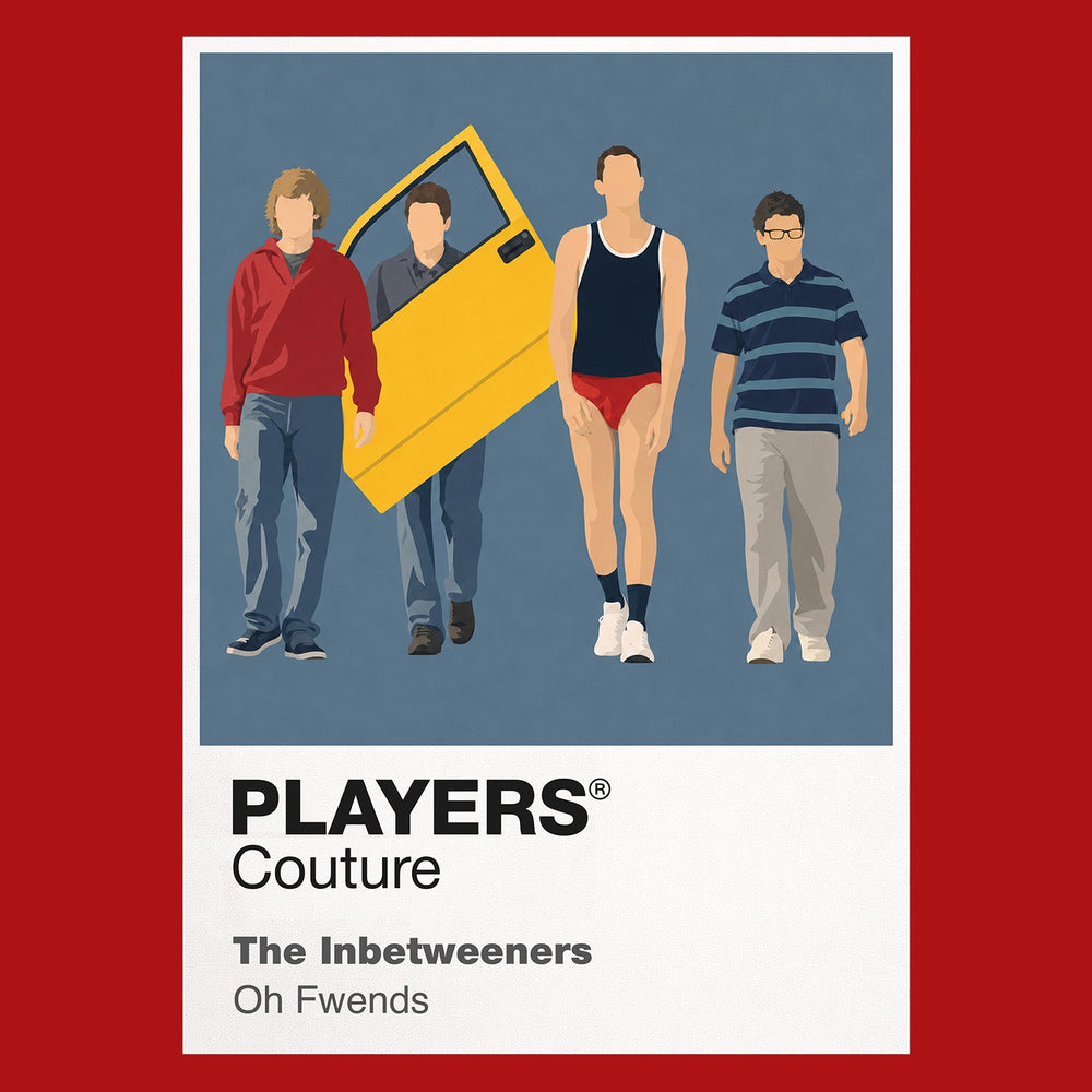 The Inbetweeners Will, Simon, Jay and Neil navigating Rudge Park sixth form with spectacularly poor judgement Icon Frame artwork in red