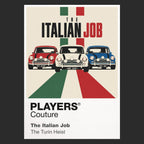 The Italian Job three red, white and blue Mini Coopers carrying Charlie Croker's gold through the streets of Turin Icon Frame artwork in black