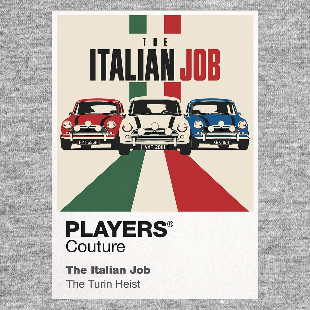 The Italian Job three red, white and blue Mini Coopers carrying Charlie Croker's gold through the streets of Turin Icon Frame artwork in grey
