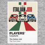 The Italian Job three red, white and blue Mini Coopers carrying Charlie Croker's gold through the streets of Turin Icon Frame artwork in grey