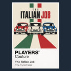 The Italian Job three red, white and blue Mini Coopers carrying Charlie Croker's gold through the streets of Turin Icon Frame artwork in navy