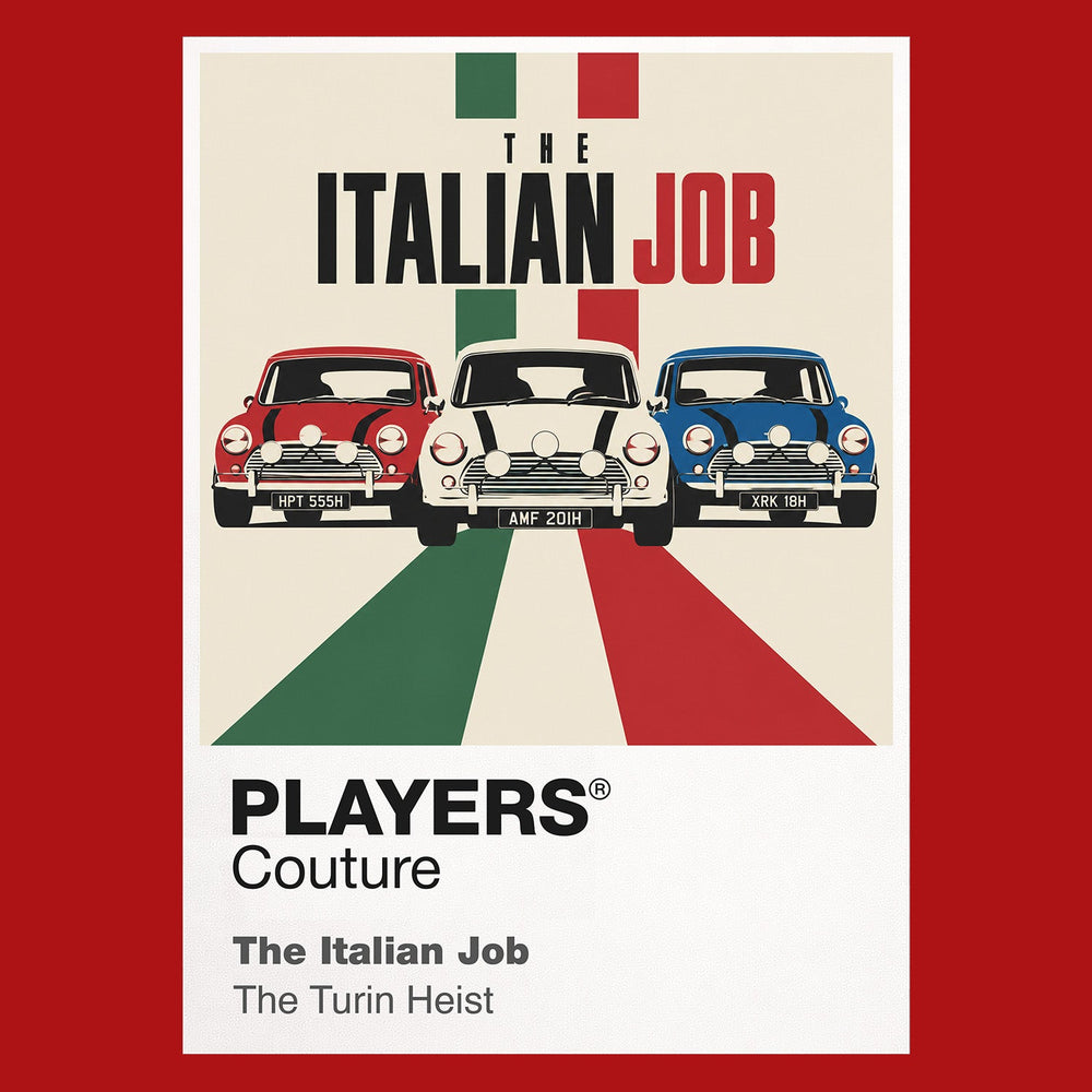 The Italian Job three red, white and blue Mini Coopers carrying Charlie Croker's gold through the streets of Turin Icon Frame artwork in red