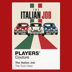 The Italian Job three red, white and blue Mini Coopers carrying Charlie Croker's gold through the streets of Turin Icon Frame artwork in red