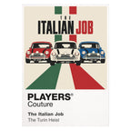 The Italian Job three red, white and blue Mini Coopers carrying Charlie Croker's gold through the streets of Turin Icon Frame artwork on white