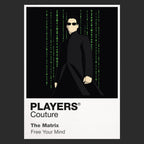 The Matrix Neo, Trinity and Morpheus in black coats against the green digital rain of the simulated world Icon Frame artwork in black