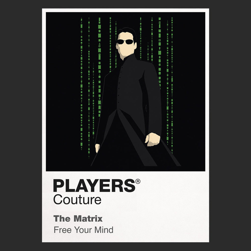 The Matrix Neo, Trinity and Morpheus in black coats against the green digital rain of the simulated world Icon Frame artwork in black